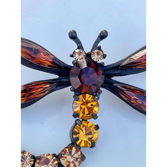 Vintage Brooch Articulated Dragonfly Brown Orange Rhinestones - Picture 4 of 10